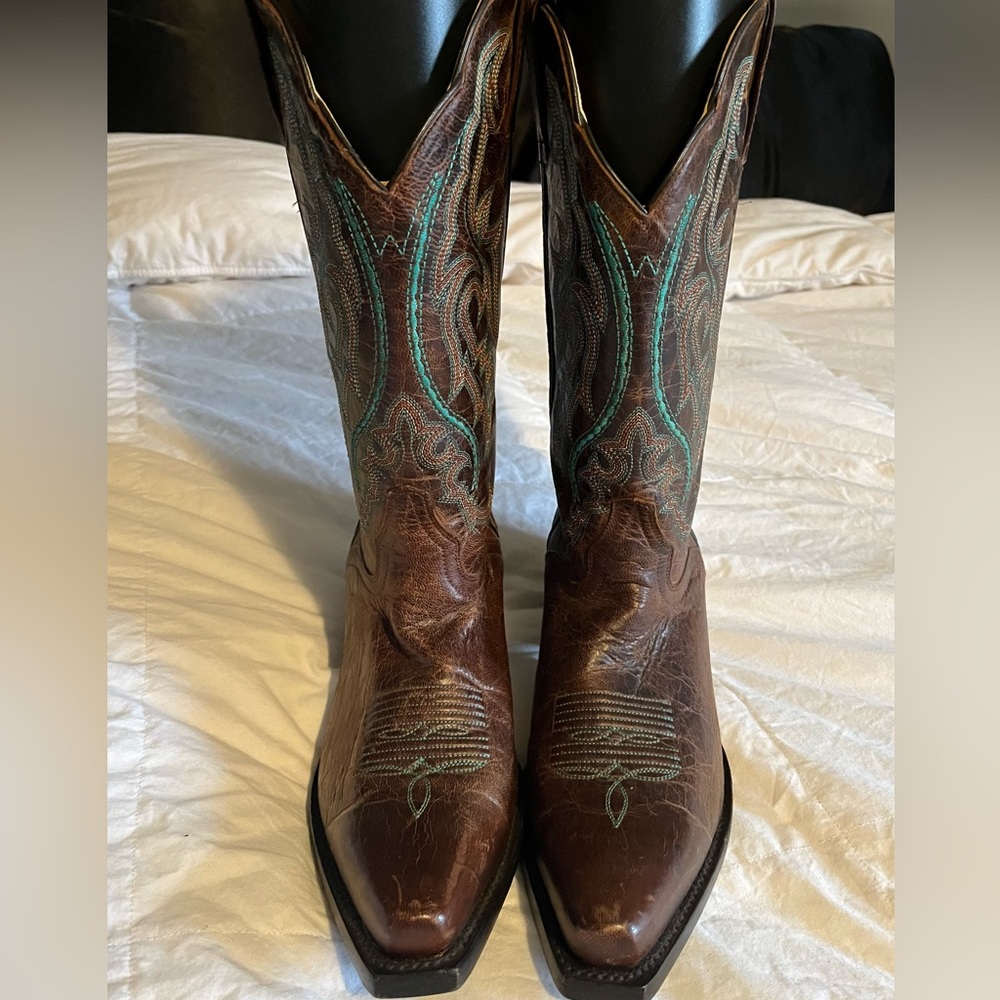 J.B. Dillon Brown Western Cowboy Boots with Teal Stitching Size 10